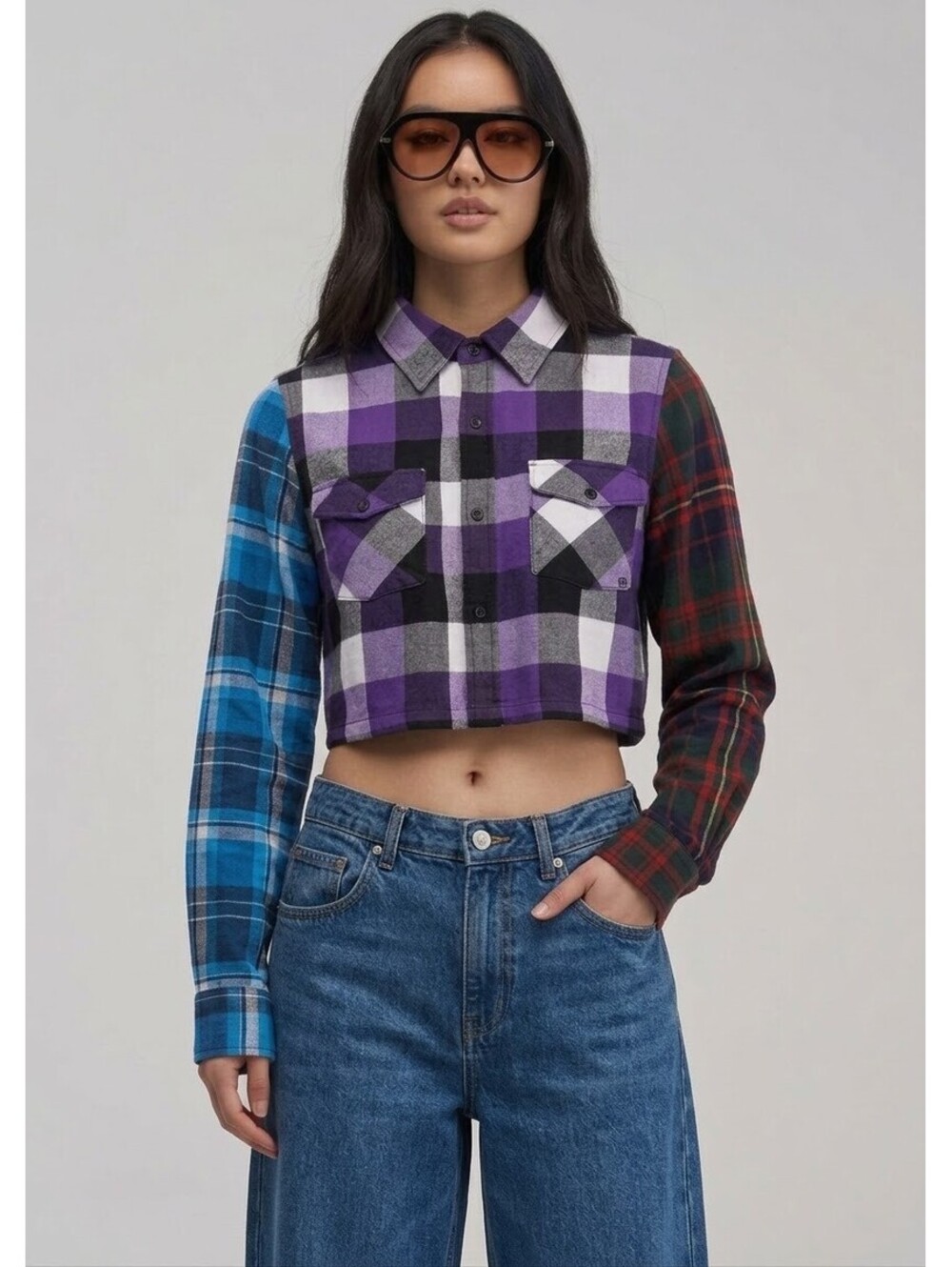 Ocean Current Cropped Multi-Color Plaid Button-Up Shirt